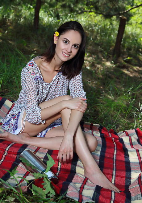 Rangy italian brunette teen Sade Mare uncovering tiny tits and masturbating outdoor