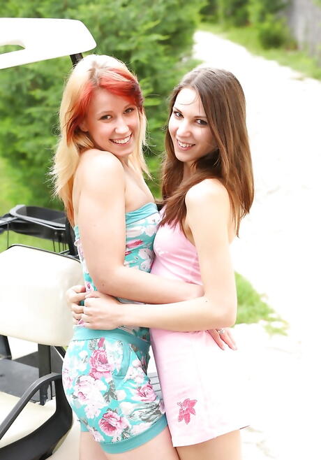 Attractive women Candy Sweet B and Minnie Manga licking juicy pussies and having sex with dildo outdoor